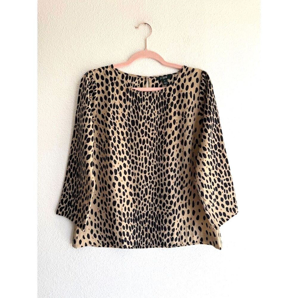 J. Crew Animal Spot Print Keyhole 3/4 Sleeve Blouse in Black Tan & Brown size M